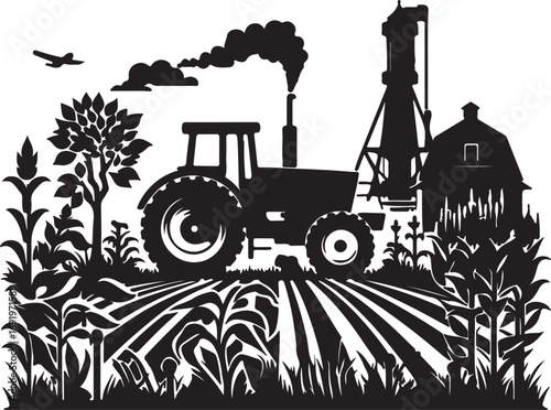A black and white illustration depicts a tractor working a field, with a silo and barn in the background, showcasing a rural agricultural scene under a partly cloudy sky with a small plane in flight.