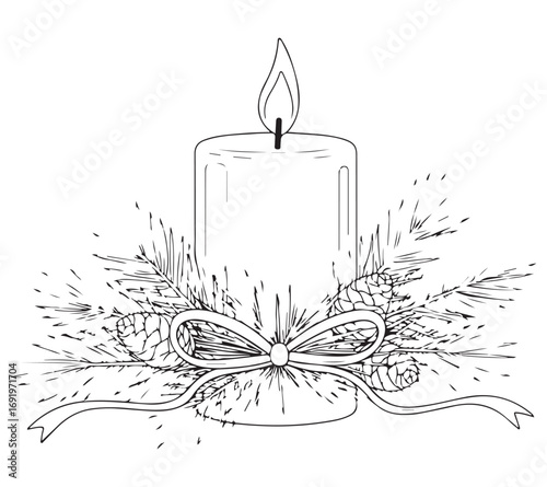 Lit Candle with Festive Pine Branches, Cones, and Ribbon Bow Outline Drawing