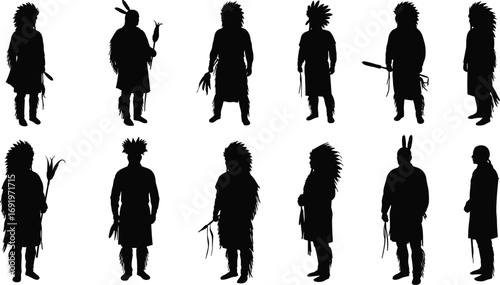 Collection of black silhouette Native American figures wearing traditional headdresses, holding tools, and posing in various dynamic stances.