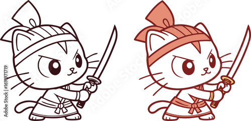 Cartoon cat warrior with sword and headband samurai