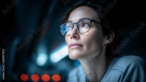Female scientist focusing on scientific research looks up and thinks