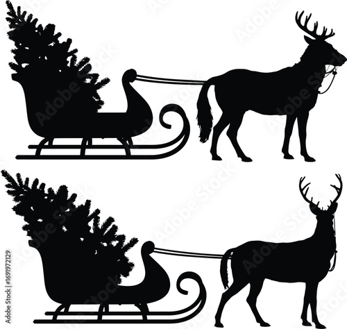 Christmas reindeer sleigh silhouette vector design holiday season festive graphic element illustration set