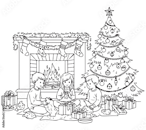 Children unwrapping holiday presents beside a festive Christmas tree and warm fireplace