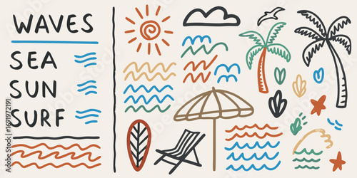 Hand drawn abstract beach and summer vacation elements with waves sun surf and palm trees