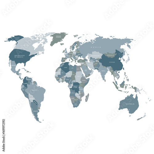 World map. Blue political map of the world cut out of paper on white background. Countries. Vector