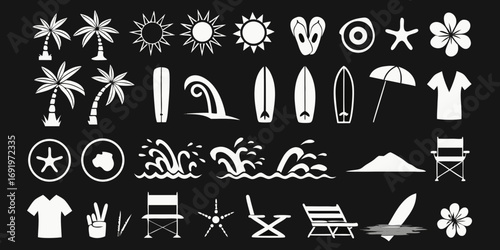 Collection of white summer beach and surfing icons on a black background