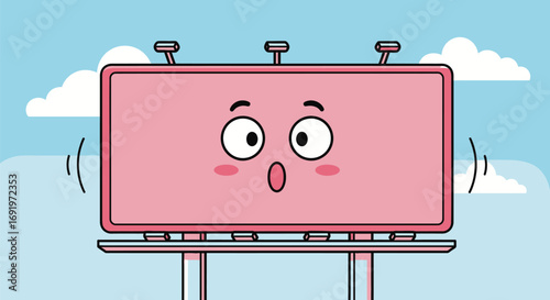 Cartoon Billboard with Surprised Expression Against a Sky Backdrop