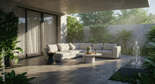 Outdoor patio with a sectional sofa round coffee table side table fountain and lush greenery against a concrete wall