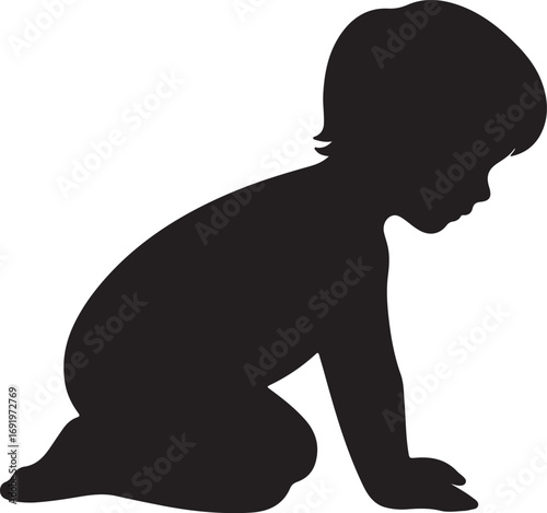 The image is a black silhouette of a baby sitting on its knees, facing right, with its head slightly bowed, suggesting a pensive or observant posture.