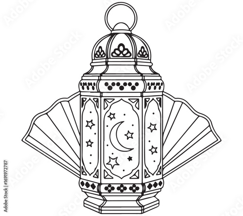 Ornate Islamic Lantern with Celestial Symbols and Fan Accents Line Art