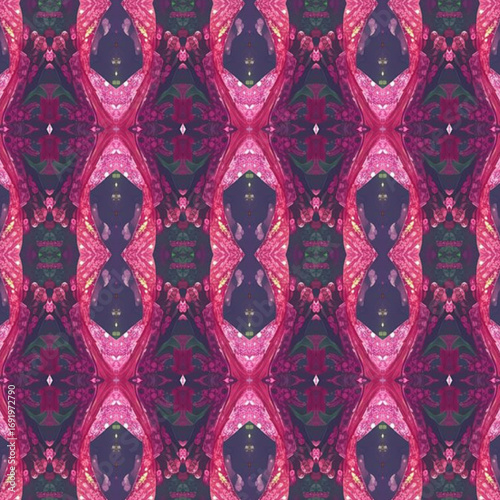 Pink kaleidoscope pattern with mirrored symmetry and geometric depth, creating a dreamy abstract textile design. Golden keywords: pattern, symmetry, kaleidoscope, abstract, textile.