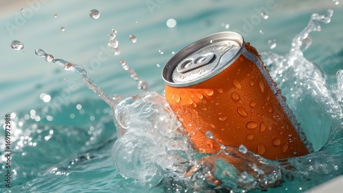 Refreshing orange soda can splashing into cool blue water with droplets and motion blur