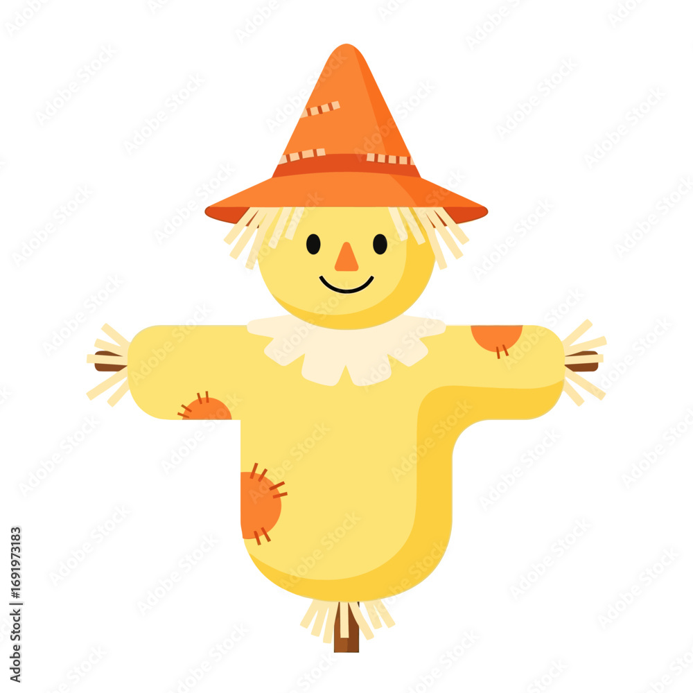 Naklejka premium Friendly scarecrow with a straw hat and patched shirt, a charming symbol of autumn and the harvest season for Thanksgiving.
