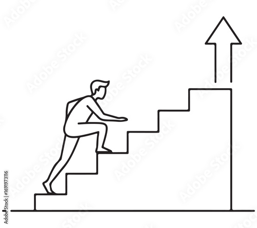 Dynamic Person Ascending Stairs with Upward Arrow Symbolizing Growth