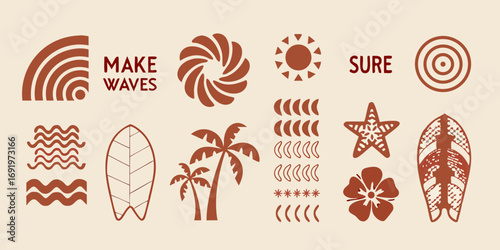 Collection of stylized tropical surf and beach icons with text make waves sure