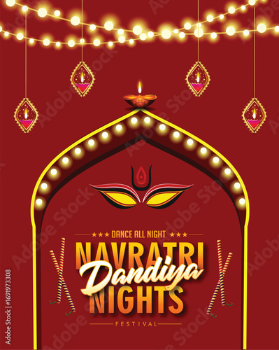 Illustration of couple playing Garba and Dandiya in Navratri Celebration and dandiya night,  Gujarati Garba Night poster for Navratri Dussehra festival of India