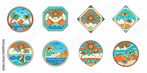 Collection of stylized tropical island and desert oasis scenes with sun and palm trees in geometric frames