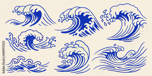 Collection of stylized blue and cream japanese wave illustrations on a light background