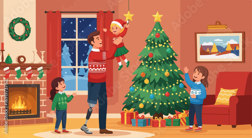 A heartwarming inclusive Christmas scene A family with a father with a prosthetic leg and children decorating a Christmas tree, embracing the holiday spirit and creating lasting memories