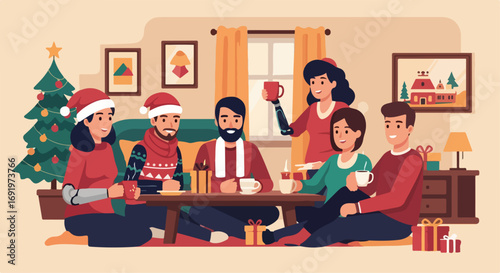 A heartwarming illustration of a diverse and inclusive group of friends celebrating a cozy Christmas holiday together at home