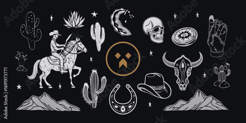 Western cowboy horse riding skull cactus compass bull skull hat horseshoe mountains stars and abstract symbol