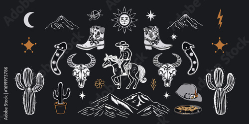 Whimsical western cowboy icons collection with boots cacti mountains and skull on black background