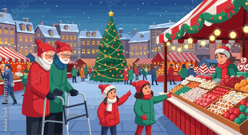 An inclusive family Christmas celebration at a festive European market, with an elderly man using a walker and children enjoying the holiday