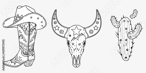 Stylized western cowboy boot bull skull and cactus with decorative patterns and stars