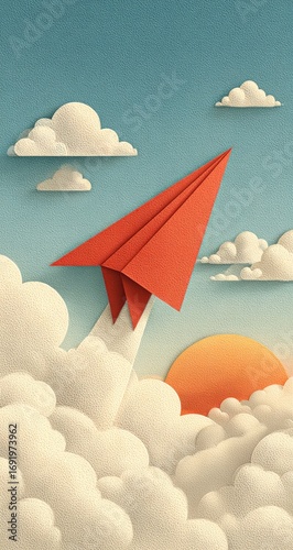 Paper airplane soaring through clouds at sunset