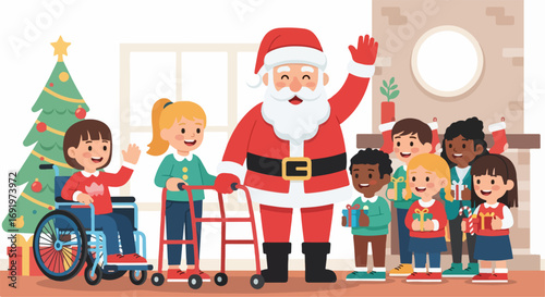 A heartwarming and inclusive Christmas scene, depicting Santa Claus joyfully sharing presents with a diverse group of happy children, celebrating the festive spirit together