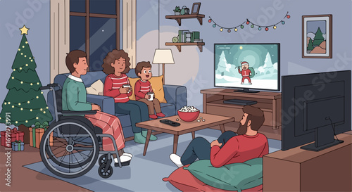 A diverse and inclusive family celebrating a cozy Christmas holiday at home, watching a festive movie together in their living room