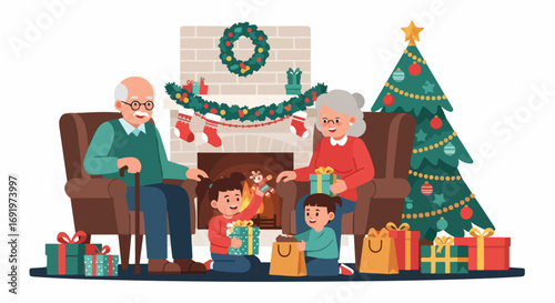 An inclusive Christmas celebration showing loving grandparents and happy grandchildren opening festive gifts together by a cozy fireplace