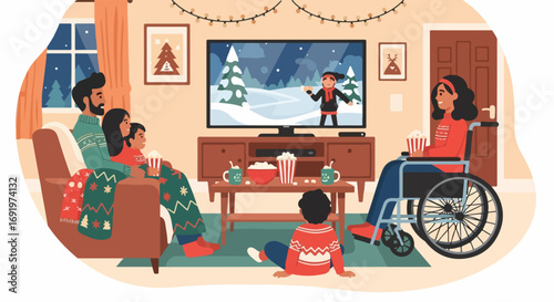 A heartwarming and inclusive Christmas evening with a multi-generational family enjoying holiday cheer and festive television together in a cozy decorated home