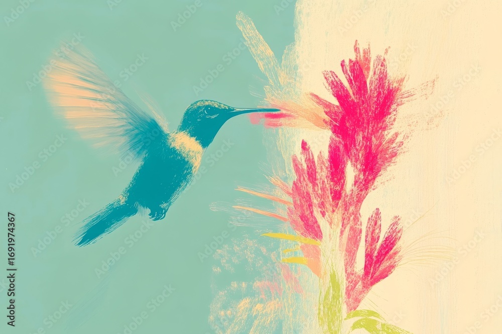 Obraz premium Vibrant hummingbird hovering by blossoms in a pastel scene