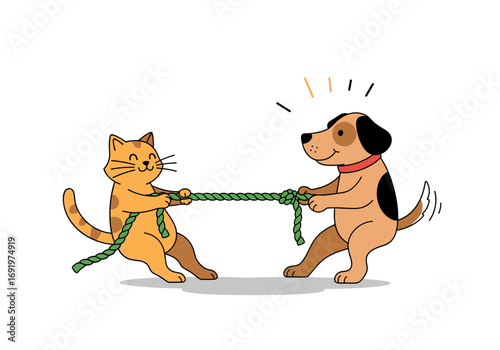 A happy ginger cat and a playful brown dog playing tug of war with a green rope on a white background