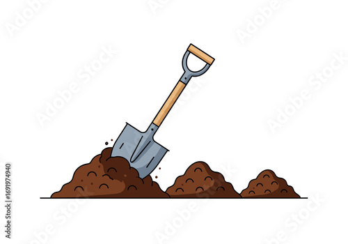 A single gardening shovel digging into loose rich soil creating mounds of earth for planting and cultivation