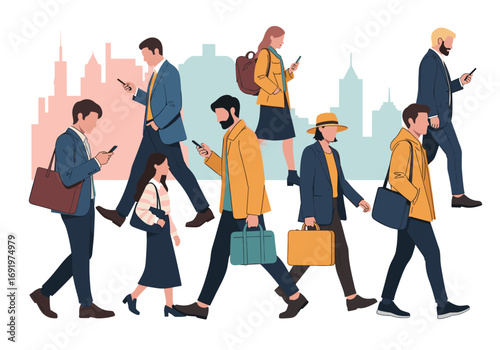 Diverse people using smartphones while walking through a bustling urban environment with cityscape background illustration