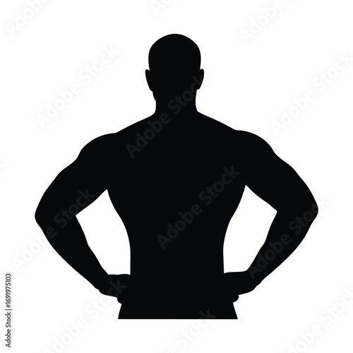 Silhouette of muscular man fitness bodybuilding gym workout strong bodybuilder training athlete back view