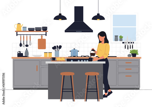 A woman cooking delicious food in a modern and well-equipped kitchen preparing ingredients for a meal