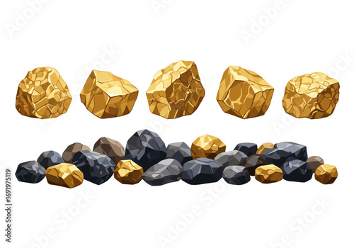 Collection of raw gold nuggets and dark ore rocks on white background