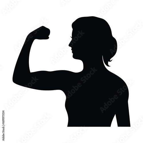 Silhouette of strong woman flexing biceps muscle arms showing power and fitness motivation concept