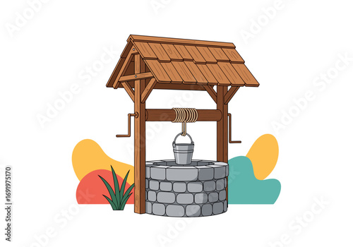 An old wooden well with a stone base and a metal bucket suspended by a rope