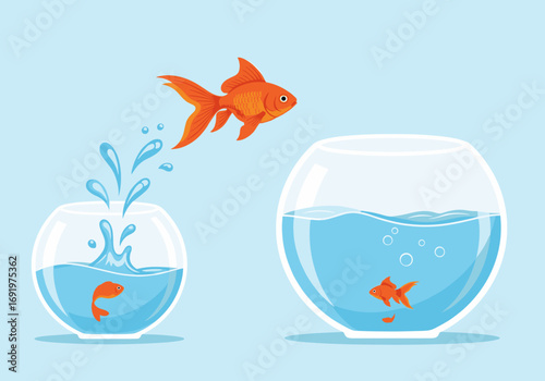 A brave little goldfish leaps from its small bowl to a much larger aquarium seeking a better life and a wider space to explore its world