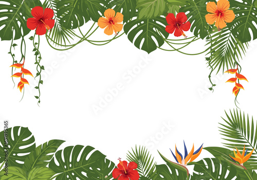 Vibrant tropical rainforest jungle botanical foliage with exotic flowers and hanging vines and leaves