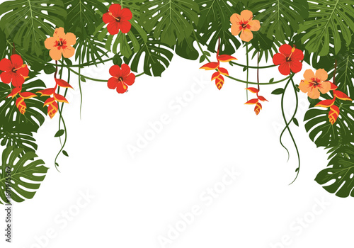 Exotic tropical jungle foliage with vibrant hibiscus flowers and lush greenery