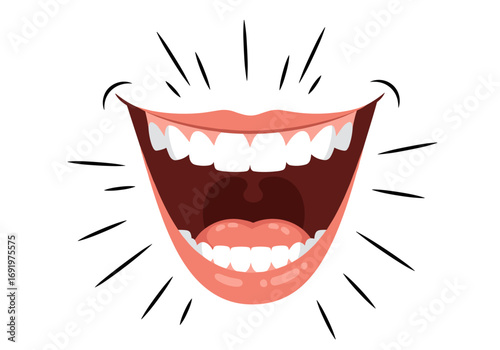 Joyful laughter bursting forth with radiant white teeth and pink lips emitting sound waves representing happiness