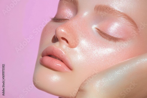 Radiant glowy makeup trend on soft pastel background