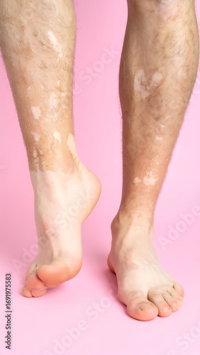 Bare legs with skin discoloration on a pink background