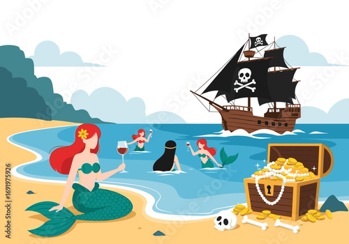 Mermaids enjoying wine near a pirate ship and treasure chest on a sandy beach