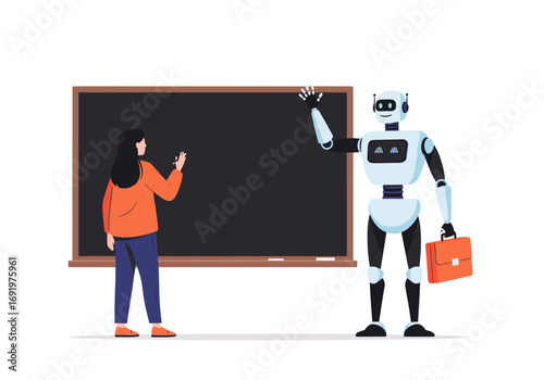 Human and robot collaborating in an educational setting near a blackboard for learning and knowledge sharing